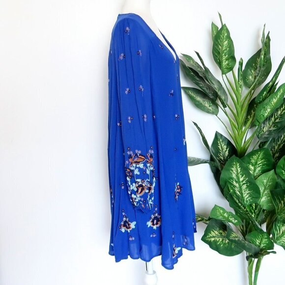 Free People Oxford Embroidered Blue Long Sleeve Cutout Back Mini Shift Dress M - Picture 10 of 16
